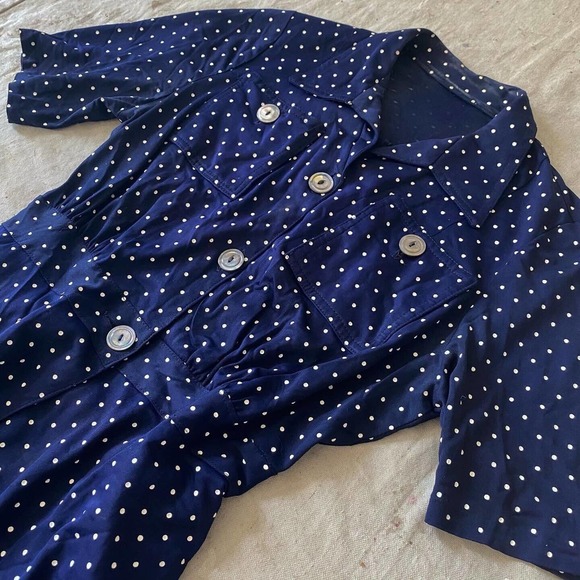 Vintage 40s navy and white polka dot rayon 1940s blouse and skirt set - Picture 3 of 12